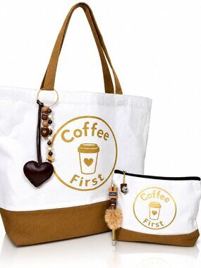 Coffee First Tote & Pouch Set with Handmade Bag Charm & Matching Pen